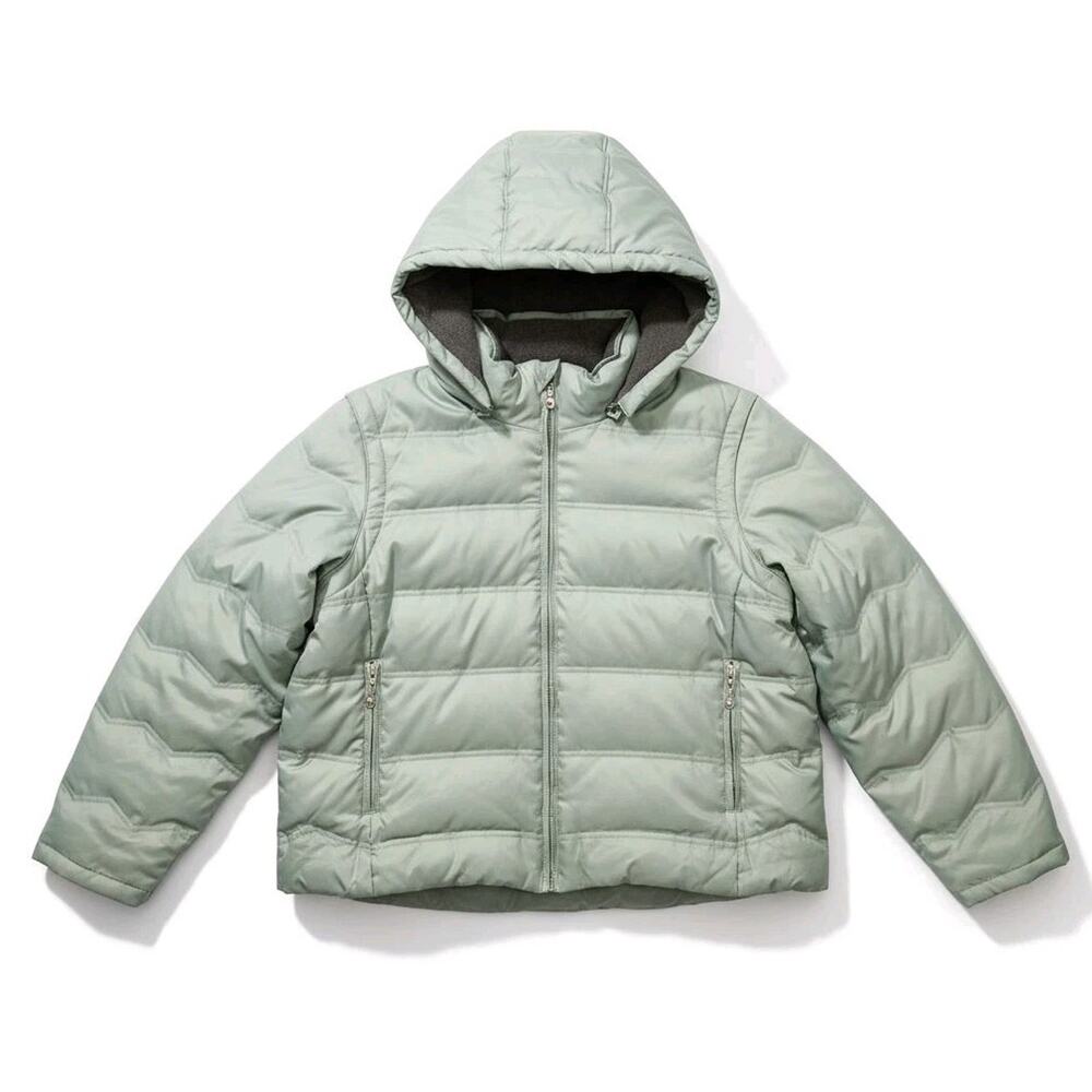Down Fill Puffer Jacket Vest Combo 2XLGreen Removable Sleeves Hood Fleece Lined